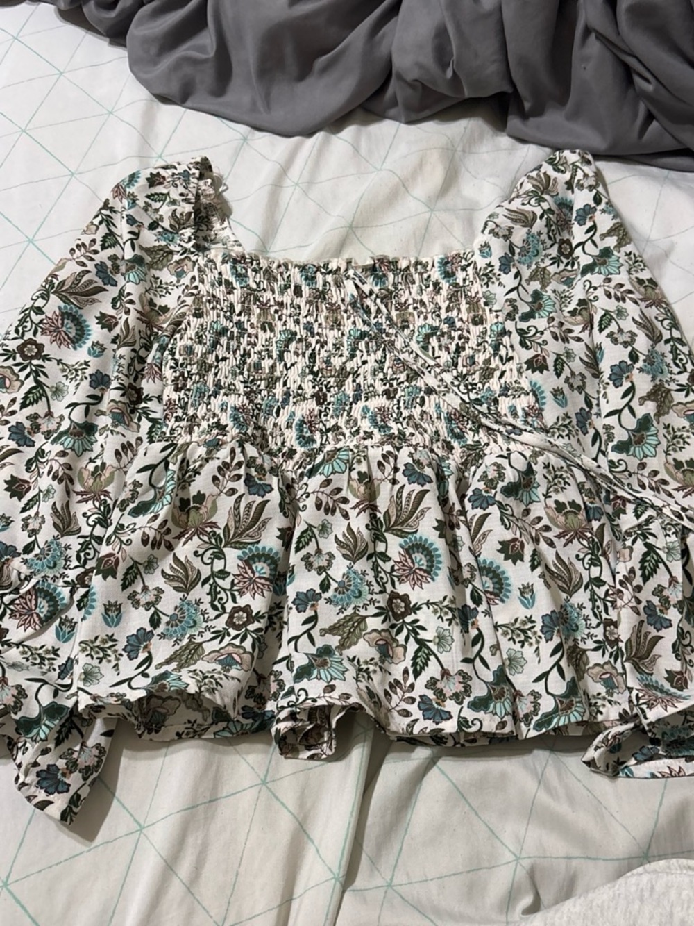 miami Cream Floral Smocked Peasant Top with Teal and Olive Print